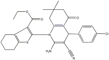 ethyl 2-(2-amino-4-(4-chlorophenyl)-3-cyano-7,7-dimethyl-5-oxo-5,6,7,8-tetrahydro-1(4H)-quinolinyl)-4,5,6,7-tetrahydro-1-benzothiophene-3-carboxylate Struktur