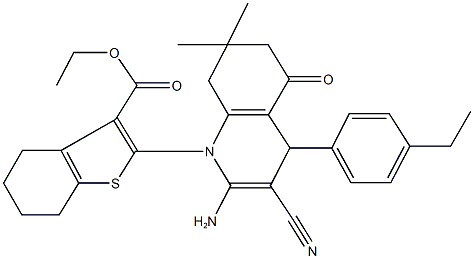 ethyl 2-(2-amino-3-cyano-4-(4-ethylphenyl)-7,7-dimethyl-5-oxo-5,6,7,8-tetrahydro-1(4H)-quinolinyl)-4,5,6,7-tetrahydro-1-benzothiophene-3-carboxylate Struktur