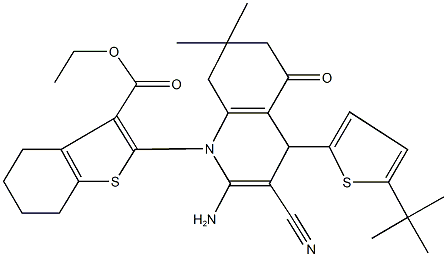 ethyl 2-(2-amino-4-(5-tert-butyl-2-thienyl)-3-cyano-7,7-dimethyl-5-oxo-5,6,7,8-tetrahydro-1(4H)-quinolinyl)-4,5,6,7-tetrahydro-1-benzothiophene-3-carboxylate Struktur