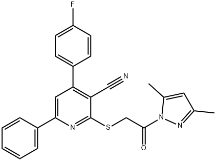 2-{[2-(3,5-dimethyl-1H-pyrazol-1-yl)-2-oxoethyl]sulfanyl}-4-(4-fluorophenyl)-6-phenylnicotinonitrile Struktur