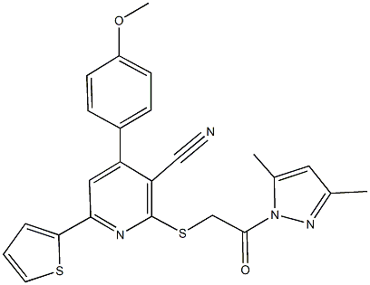 2-{[2-(3,5-dimethyl-1H-pyrazol-1-yl)-2-oxoethyl]sulfanyl}-4-(4-methoxyphenyl)-6-(2-thienyl)nicotinonitrile Struktur