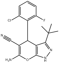 6-amino-3-(tert-butyl)-4-(2-chloro-6-fluorophenyl)-1,4-dihydropyrano[2,3-c]pyrazole-5-carbonitrile Struktur