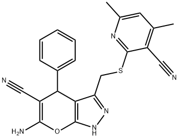 6-amino-3-{[(3-cyano-4,6-dimethyl-2-pyridinyl)sulfanyl]methyl}-4-phenyl-1,4-dihydropyrano[2,3-c]pyrazole-5-carbonitrile Struktur