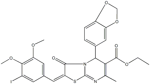 ethyl 5-(1,3-benzodioxol-5-yl)-2-(3-iodo-4,5-dimethoxybenzylidene)-7-methyl-3-oxo-2,3-dihydro-5H-[1,3]thiazolo[3,2-a]pyrimidine-6-carboxylate Struktur