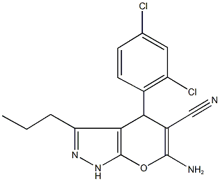 6-amino-4-(2,4-dichlorophenyl)-3-propyl-1,4-dihydropyrano[2,3-c]pyrazole-5-carbonitrile Struktur