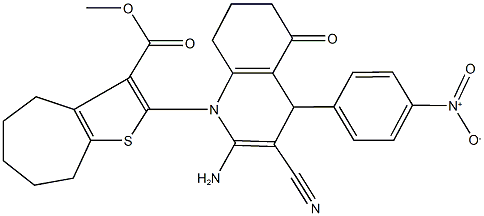 methyl 2-(2-amino-3-cyano-4-{4-nitrophenyl}-5-oxo-5,6,7,8-tetrahydro-1(4H)-quinolinyl)-5,6,7,8-tetrahydro-4H-cyclohepta[b]thiophene-3-carboxylate Struktur