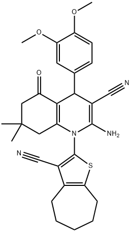 2-amino-1-(3-cyano-5,6,7,8-tetrahydro-4H-cyclohepta[b]thiophen-2-yl)-4-(3,4-dimethoxyphenyl)-7,7-dimethyl-5-oxo-1,4,5,6,7,8-hexahydro-3-quinolinecarbonitrile Struktur