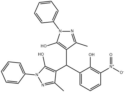 4-[{2-hydroxy-3-nitrophenyl}(5-hydroxy-3-methyl-1-phenyl-1H-pyrazol-4-yl)methyl]-3-methyl-1-phenyl-1H-pyrazol-5-ol Struktur