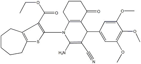 ethyl 2-(2-amino-3-cyano-5-oxo-4-(3,4,5-trimethoxyphenyl)-5,6,7,8-tetrahydro-1(4H)-quinolinyl)-5,6,7,8-tetrahydro-4H-cyclohepta[b]thiophene-3-carboxylate Struktur