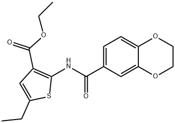 ethyl 2-[(2,3-dihydro-1,4-benzodioxin-6-ylcarbonyl)amino]-5-ethyl-3-thiophenecarboxylate Struktur