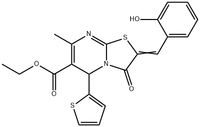 ethyl 2-(2-hydroxybenzylidene)-7-methyl-3-oxo-5-(2-thienyl)-2,3-dihydro-5H-[1,3]thiazolo[3,2-a]pyrimidine-6-carboxylate Struktur