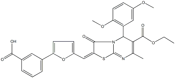 3-{5-[(5-(2,5-dimethoxyphenyl)-6-(ethoxycarbonyl)-7-methyl-3-oxo-5H-[1,3]thiazolo[3,2-a]pyrimidin-2(3H)-ylidene)methyl]-2-furyl}benzoic acid Struktur