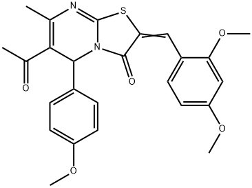 6-acetyl-2-(2,4-dimethoxybenzylidene)-5-(4-methoxyphenyl)-7-methyl-5H-[1,3]thiazolo[3,2-a]pyrimidin-3(2H)-one Struktur