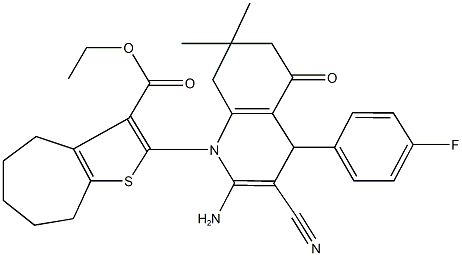 ethyl 2-(2-amino-3-cyano-4-(4-fluorophenyl)-7,7-dimethyl-5-oxo-5,6,7,8-tetrahydro-1(4H)-quinolinyl)-5,6,7,8-tetrahydro-4H-cyclohepta[b]thiophene-3-carboxylate Struktur