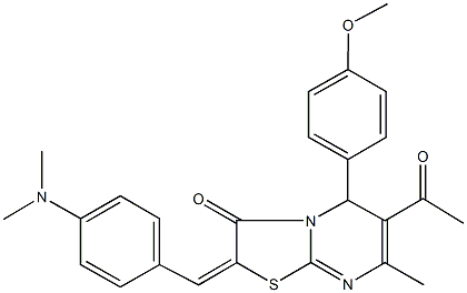 6-acetyl-2-[4-(dimethylamino)benzylidene]-5-(4-methoxyphenyl)-7-methyl-5H-[1,3]thiazolo[3,2-a]pyrimidin-3(2H)-one Struktur