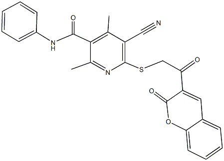 5-cyano-2,4-dimethyl-6-{[2-oxo-2-(2-oxo-2H-chromen-3-yl)ethyl]sulfanyl}-N-phenylnicotinamide Struktur