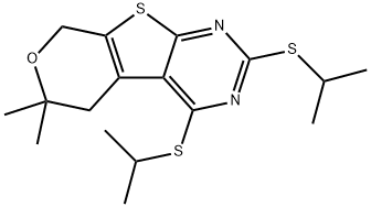 2,4-bis(isopropylsulfanyl)-6,6-dimethyl-5,8-dihydro-6H-pyrano[4',3':4,5]thieno[2,3-d]pyrimidine Struktur