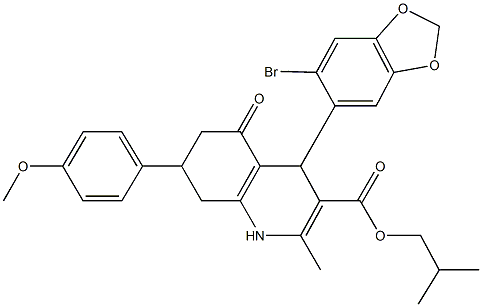 isobutyl 4-(6-bromo-1,3-benzodioxol-5-yl)-7-(4-methoxyphenyl)-2-methyl-5-oxo-1,4,5,6,7,8-hexahydro-3-quinolinecarboxylate Struktur