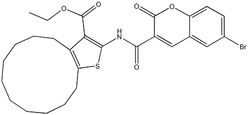 ethyl 2-{[(6-bromo-2-oxo-2H-chromen-3-yl)carbonyl]amino}-4,5,6,7,8,9,10,11,12,13-decahydrocyclododeca[b]thiophene-3-carboxylate Struktur