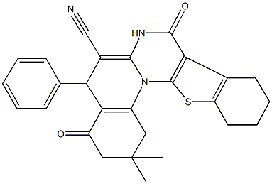 2,2-dimethyl-4,8-dioxo-5-phenyl-1,3,4,5,7,8,9,10,11,12-decahydro-2H-[1]benzothieno[3',2':5,6]pyrimido[1,2-a]quinoline-6-carbonitrile Struktur