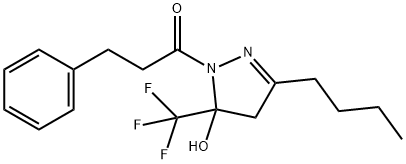 3-butyl-1-(3-phenylpropanoyl)-5-(trifluoromethyl)-4,5-dihydro-1H-pyrazol-5-ol Struktur