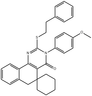 3-(4-methoxyphenyl)-2-[(2-phenylethyl)sulfanyl]-5,6-dihydrospiro(benzo[h]quinazoline-5,1'-cyclohexane)-4(3H)-one Struktur