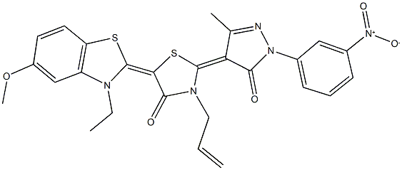 3-allyl-5-(3-ethyl-5-methoxy-1,3-benzothiazol-2(3H)-ylidene)-2-(1-{3-nitrophenyl}-3-methyl-5-oxo-1,5-dihydro-4H-pyrazol-4-ylidene)-1,3-thiazolidin-4-one Struktur