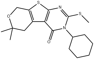 3-cyclohexyl-6,6-dimethyl-2-(methylsulfanyl)-3,5,6,8-tetrahydro-4H-pyrano[4',3':4,5]thieno[2,3-d]pyrimidin-4-one Struktur