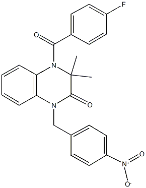 4-(4-fluorobenzoyl)-1-{4-nitrobenzyl}-3,3-dimethyl-3,4-dihydro-2(1H)-quinoxalinone Struktur