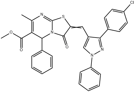 methyl 2-{[3-(4-chlorophenyl)-1-phenyl-1H-pyrazol-4-yl]methylene}-7-methyl-3-oxo-5-phenyl-2,3-dihydro-5H-[1,3]thiazolo[3,2-a]pyrimidine-6-carboxylate Struktur