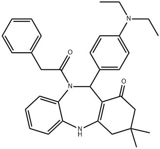 11-[4-(diethylamino)phenyl]-3,3-dimethyl-10-(phenylacetyl)-2,3,4,5,10,11-hexahydro-1H-dibenzo[b,e][1,4]diazepin-1-one Struktur