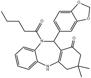 11-(1,3-benzodioxol-5-yl)-3,3-dimethyl-10-pentanoyl-2,3,4,5,10,11-hexahydro-1H-dibenzo[b,e][1,4]diazepin-1-one Struktur