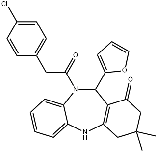 10-[(4-chlorophenyl)acetyl]-11-(2-furyl)-3,3-dimethyl-2,3,4,5,10,11-hexahydro-1H-dibenzo[b,e][1,4]diazepin-1-one Struktur