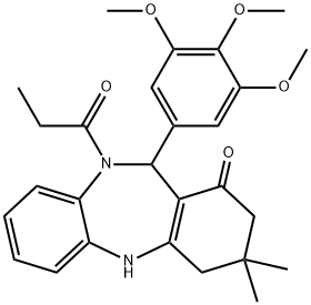 3,3-dimethyl-10-propionyl-11-(3,4,5-trimethoxyphenyl)-2,3,4,5,10,11-hexahydro-1H-dibenzo[b,e][1,4]diazepin-1-one Struktur