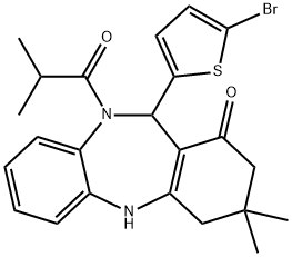 11-(5-bromo-2-thienyl)-10-isobutyryl-3,3-dimethyl-2,3,4,5,10,11-hexahydro-1H-dibenzo[b,e][1,4]diazepin-1-one Struktur