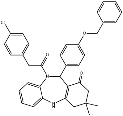 11-[4-(benzyloxy)phenyl]-10-[(4-chlorophenyl)acetyl]-3,3-dimethyl-2,3,4,5,10,11-hexahydro-1H-dibenzo[b,e][1,4]diazepin-1-one Struktur