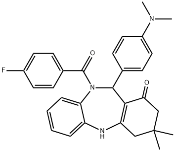 11-[4-(dimethylamino)phenyl]-10-(4-fluorobenzoyl)-3,3-dimethyl-2,3,4,5,10,11-hexahydro-1H-dibenzo[b,e][1,4]diazepin-1-one Struktur