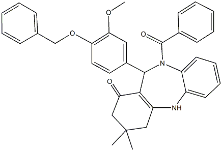 10-benzoyl-11-[4-(benzyloxy)-3-methoxyphenyl]-3,3-dimethyl-2,3,4,5,10,11-hexahydro-1H-dibenzo[b,e][1,4]diazepin-1-one Struktur