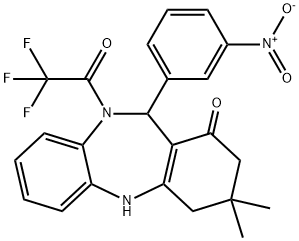 11-{3-nitrophenyl}-3,3-dimethyl-10-(trifluoroacetyl)-2,3,4,5,10,11-hexahydro-1H-dibenzo[b,e][1,4]diazepin-1-one Struktur