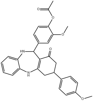 2-methoxy-4-[3-(4-methoxyphenyl)-1-oxo-2,3,4,5,10,11-hexahydro-1H-dibenzo[b,e][1,4]diazepin-11-yl]phenyl acetate Struktur