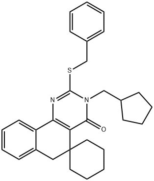 2-(benzylsulfanyl)-3-(cyclopentylmethyl)-5,6-dihydrospiro(benzo[h]quinazoline-5,1'-cyclohexane)-4(3H)-one Struktur