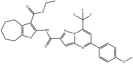 ethyl 2-({[5-(4-methoxyphenyl)-7-(trifluoromethyl)pyrazolo[1,5-a]pyrimidin-2-yl]carbonyl}amino)-5,6,7,8-tetrahydro-4H-cyclohepta[b]thiophene-3-carboxylate Struktur