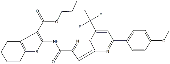 propyl 2-({[5-(4-methoxyphenyl)-7-(trifluoromethyl)pyrazolo[1,5-a]pyrimidin-2-yl]carbonyl}amino)-4,5,6,7-tetrahydro-1-benzothiophene-3-carboxylate Struktur