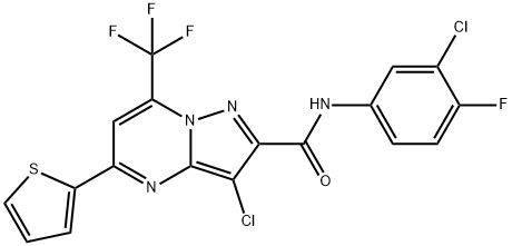 3-chloro-N-(3-chloro-4-fluorophenyl)-5-(2-thienyl)-7-(trifluoromethyl)pyrazolo[1,5-a]pyrimidine-2-carboxamide Struktur