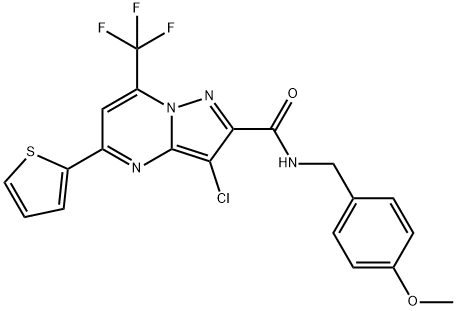 3-chloro-N-(4-methoxybenzyl)-5-(2-thienyl)-7-(trifluoromethyl)pyrazolo[1,5-a]pyrimidine-2-carboxamide Struktur