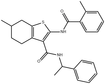 6-methyl-2-[(2-methylbenzoyl)amino]-N-(1-phenylethyl)-4,5,6,7-tetrahydro-1-benzothiophene-3-carboxamide Struktur