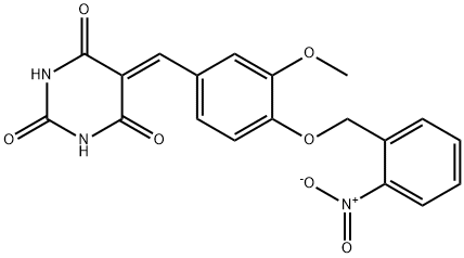 5-[4-({2-nitrobenzyl}oxy)-3-methoxybenzylidene]-2,4,6(1H,3H,5H)-pyrimidinetrione Struktur