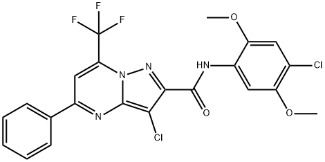 3-chloro-N-[4-chloro-2,5-bis(methyloxy)phenyl]-5-phenyl-7-(trifluoromethyl)pyrazolo[1,5-a]pyrimidine-2-carboxamide Struktur