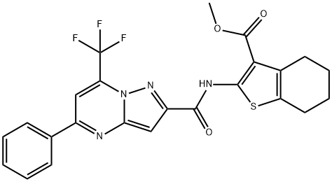 methyl 2-({[5-phenyl-7-(trifluoromethyl)pyrazolo[1,5-a]pyrimidin-2-yl]carbonyl}amino)-4,5,6,7-tetrahydro-1-benzothiophene-3-carboxylate Struktur