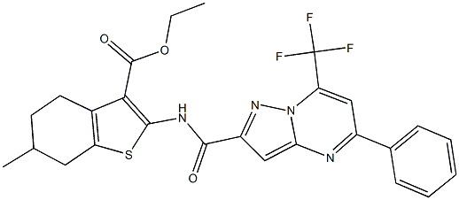 ethyl 6-methyl-2-({[5-phenyl-7-(trifluoromethyl)pyrazolo[1,5-a]pyrimidin-2-yl]carbonyl}amino)-4,5,6,7-tetrahydro-1-benzothiophene-3-carboxylate Struktur